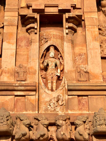 Statues of Hindu God. Sculptures of God idols carved in the walls of ancient Brihadeeswarar temple in Thanjavur, Tamilnadu.の写真素材