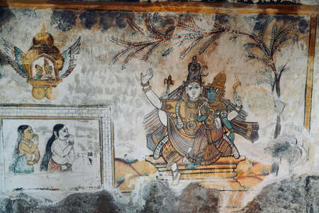 Fresco/mural paintings in ancient Brihadeeswarar temple in Thanjavur, Tamilnadu. Unique paintings on the complex of historical temple in Thanjavur.の写真素材