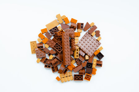 Children's educational toys. Wooden blocks on a white background. Top view.