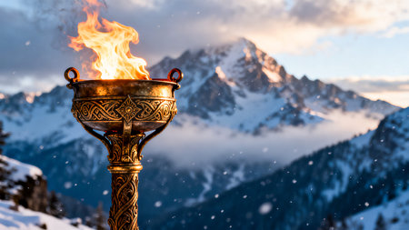 Fier on a background of snow-capped mountain peaks.