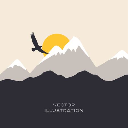 Landscape flat illustration with mountain and eagleのイラスト素材