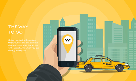 Vector modern illustration with yellow cab and mobile application in phone with city backgroundのイラスト素材