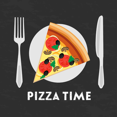 Pizza slice on a plate with knife and fork fast food illustrationのイラスト素材