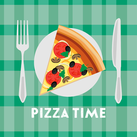Pizza slice on a plate with knife and fork fast food illustrationのイラスト素材