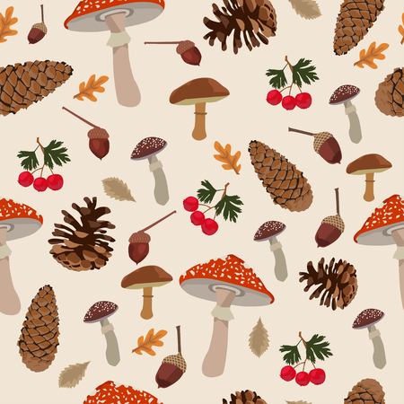 Autumn season yellow and orange leaves background vector seamless pattern with mushrooms, acorn, corn, hawthornのイラスト素材