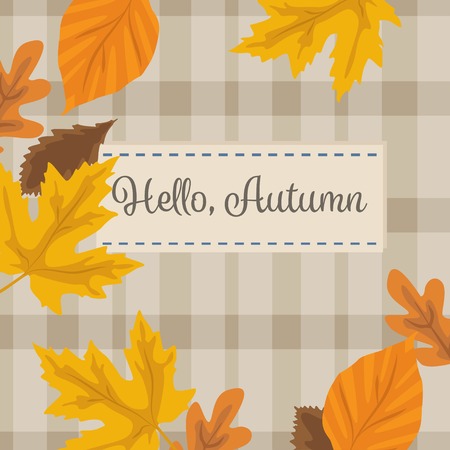 Autumn season yellow and orange leaves background vector with plaid. Hello autumn.のイラスト素材