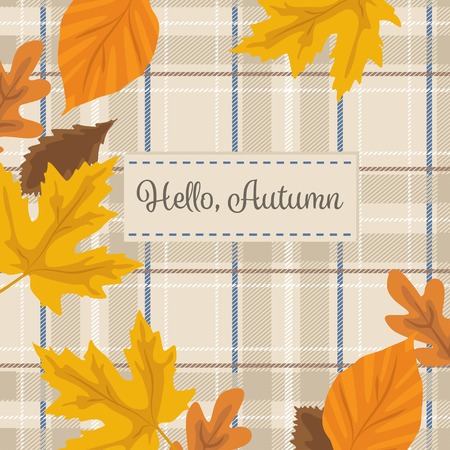 Autumn season yellow and orange leaves background vector with plaid. Hello autumn.のイラスト素材