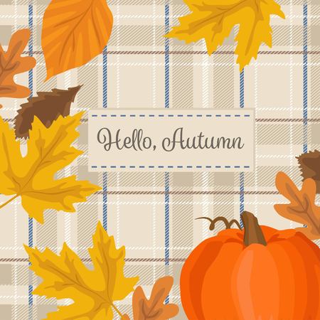 Autumn season background with pumpkin, yellow leaves and plaid fabric. Hello autumnのイラスト素材