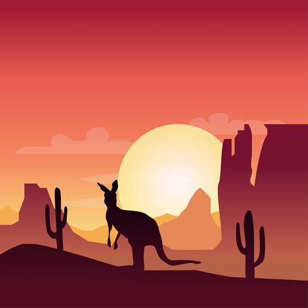 Landscape silhouette illustration with kangaroo and sunset in desertのイラスト素材