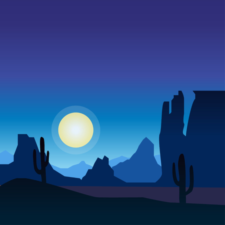 Desert landscape background with cactus silhouette on sunsetのイラスト素材
