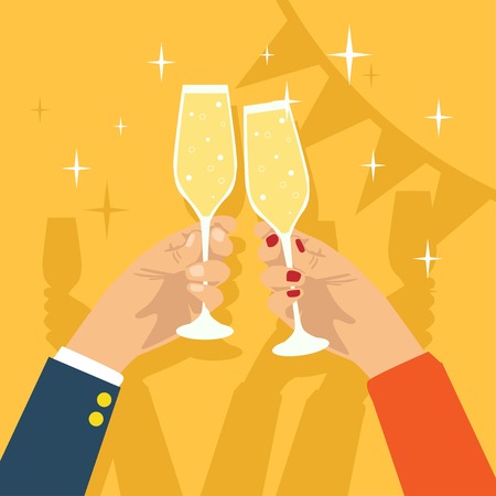 Hand holding champagne glass flat design party backgroundのイラスト素材