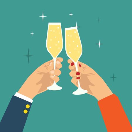 Hand holding champagne glass flat design party backgroundのイラスト素材