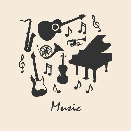 Musical instruments silhouette icons background seamless patternのイラスト素材