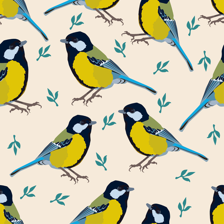 Bird vector illustration tomtit with leaves floral backgroundのイラスト素材