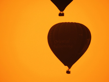 Hot air balloon ride during sunrise, Myanmarの写真素材