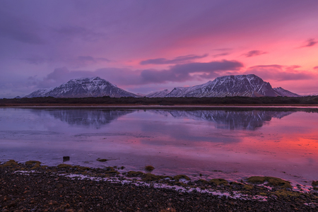 Beautiful scenery of mountains at sunset, Icelandの写真素材