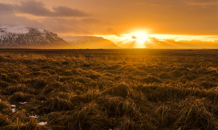 Beautiful scenery of mountains at sunset, Icelandの写真素材
