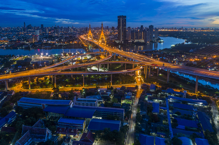 Bhumibol bridge aerial view at sunrise is a part of 13km long industrial ring road connecting Southern Thailand and Samut Prakan Provinceの写真素材