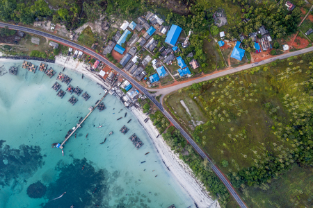 Fishing village also Bintan costal line aerial view, Indonesiaの写真素材