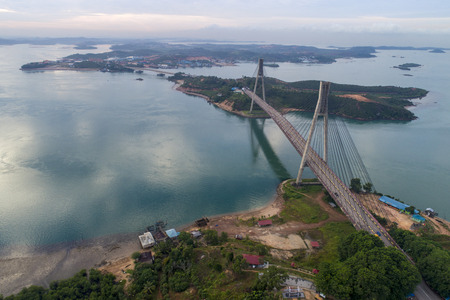 Aerial view of Barelang Bridge connecting Batam Islands at sunrise, Indonesiaの写真素材