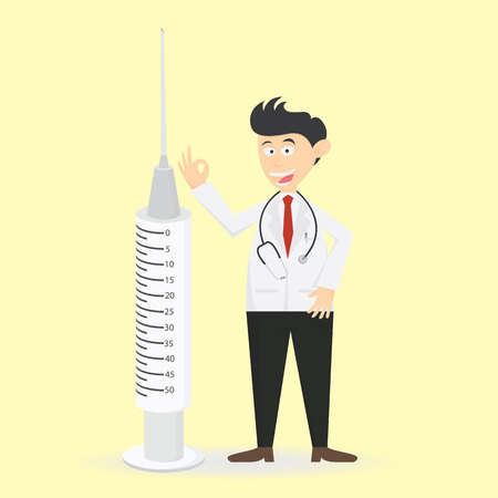 Funny young doctor with big injections cartoon vector illustration medical health careのイラスト素材