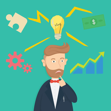 male caucasian hipster businessman thinking about idea to growing the business cartoon vector illustrationのイラスト素材