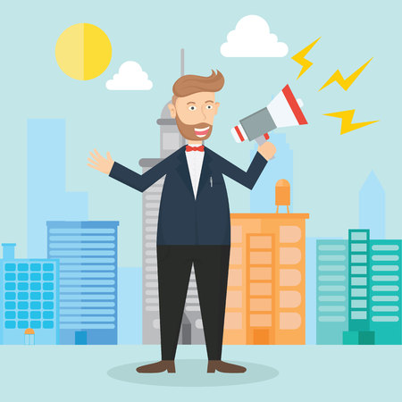 male caucasian hipster businessman with megaphone in commander at public cartoon vector illustrationのイラスト素材