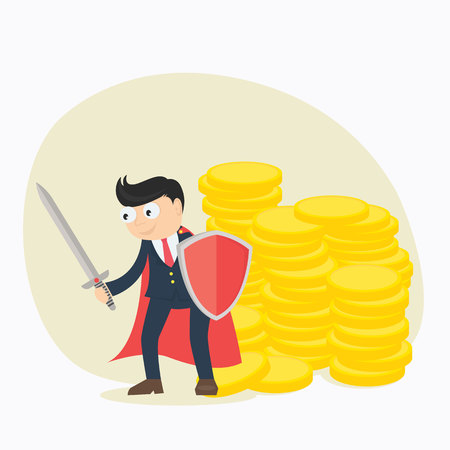 businessman protect money from debt and tax with sword and shield cartoon character vector illustrationのイラスト素材
