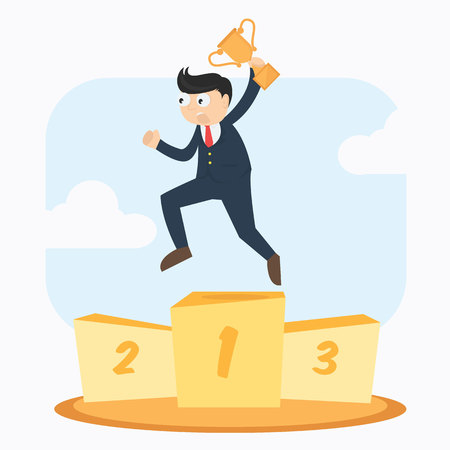 happy smiling businessman with trophy winner on first podium cartoon vector illustrationのイラスト素材