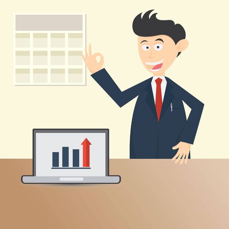 male businessman character presenting data with laptop cartoon vector illustrationのイラスト素材