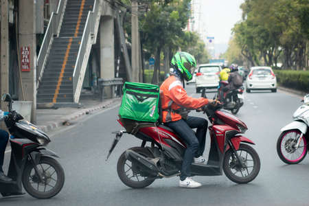 Bangkok, Thailand - April 1 : Lots of Food delivery in COVID-19 pandemic situation in Bangkok