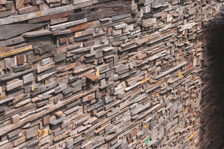 The wall made from small pieces of wood