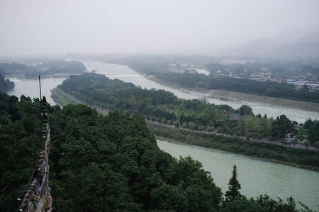 Sichuan Dujiangyan Irrigation System in Sichuan, China. To divides the Minjiang River into two rivers.
A dam in Dujiangyan is inheritance of ancient weir civilization.の写真素材