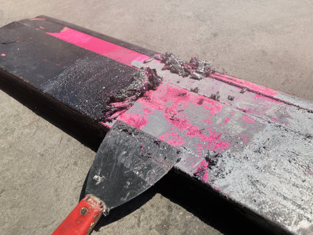 Scraping car body part with paint remover, pink and black paint on the road with a trowel.の写真素材