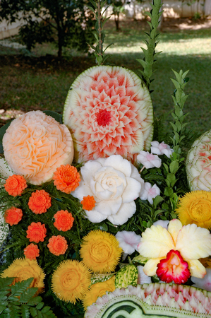 Fruit and vegetable carving displayの写真素材