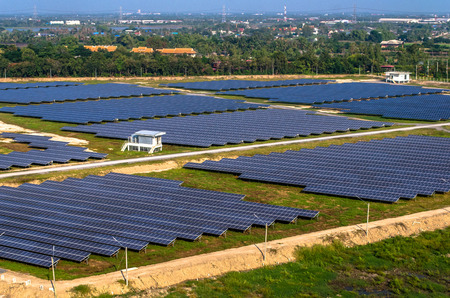 Solar farm, solar panels aerial viewの写真素材