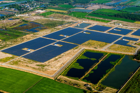 Solar farm, solar panels aerial view