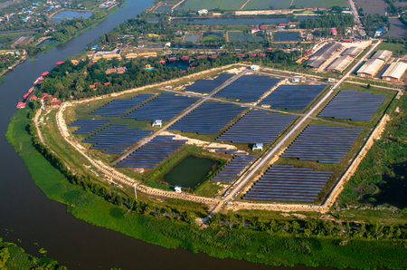 Solar farm, solar panels photo from the airの写真素材