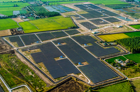 Solar farm, solar panels aerial viewの写真素材