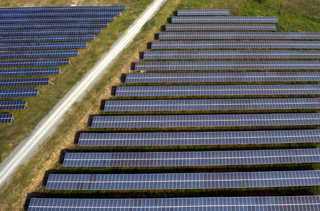 Solar farm, solar panels aerial view