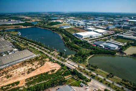 Industrial estate land development water reservoir aerial viewの写真素材