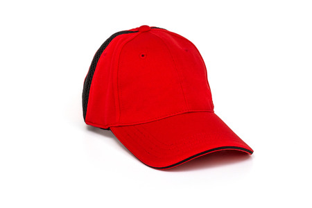 Men's red golf cap on white backgroundの写真素材