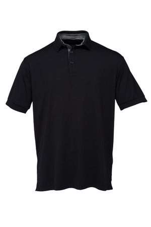 Black golf tee shirt with black and white collar for man on white backgroundの写真素材