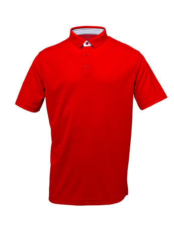 Red golf tee shirt with  with white collar  on white backgroundの写真素材