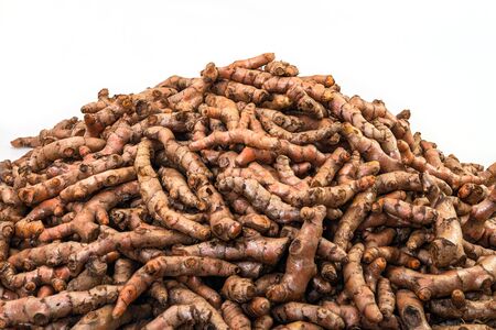 Fresh turmeric roots display in the fresh vegetable marketの写真素材