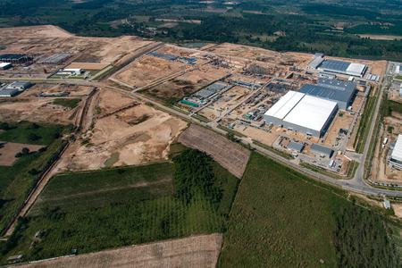 Industrial Estate Land Development Earthmoving and Construction in Thailand Aerial Photographyの写真素材