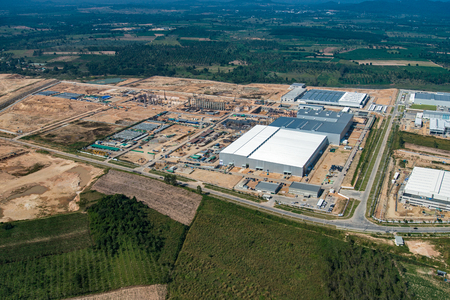 Industrial estate land development earthmoving and construction aerial viewの写真素材