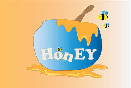 Vector illustration of The honey in the jar spilled onto the floor.bee flying over honey.のイラスト素材
