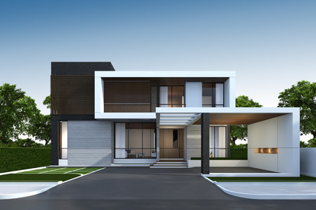 3D rendering of tropical house exterior with clipping path.