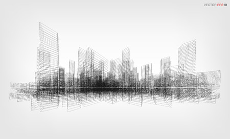 Perspective 3D render of building wireframe. Vector wireframe city background of a building.のイラスト素材